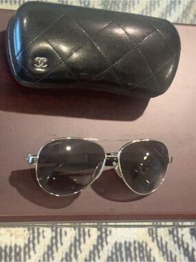 CHANEL Silver Aviator Sunglasses with Black Quilted Case